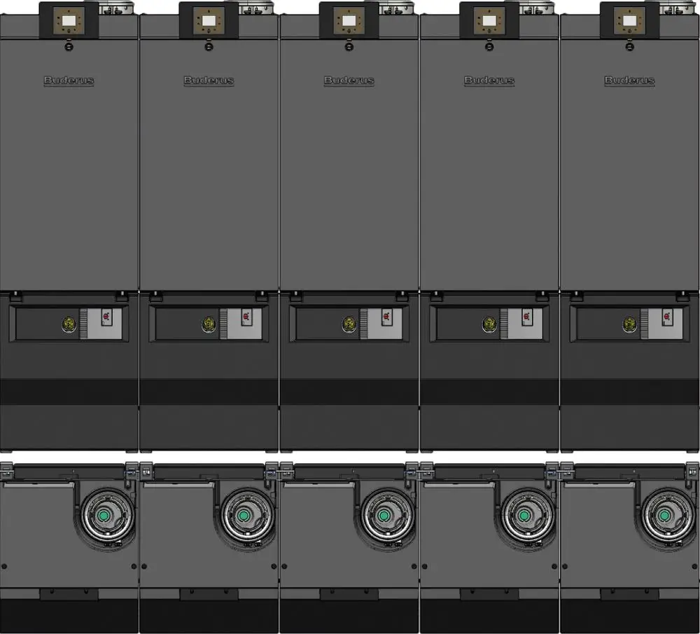 Bilder einer modularen Heizungsinstallation von Bosch. Mehrere Einheiten sind nebeneinander angeordnet, sichtbar sind Anschlussmöglichkeiten und Steuerungselemente.